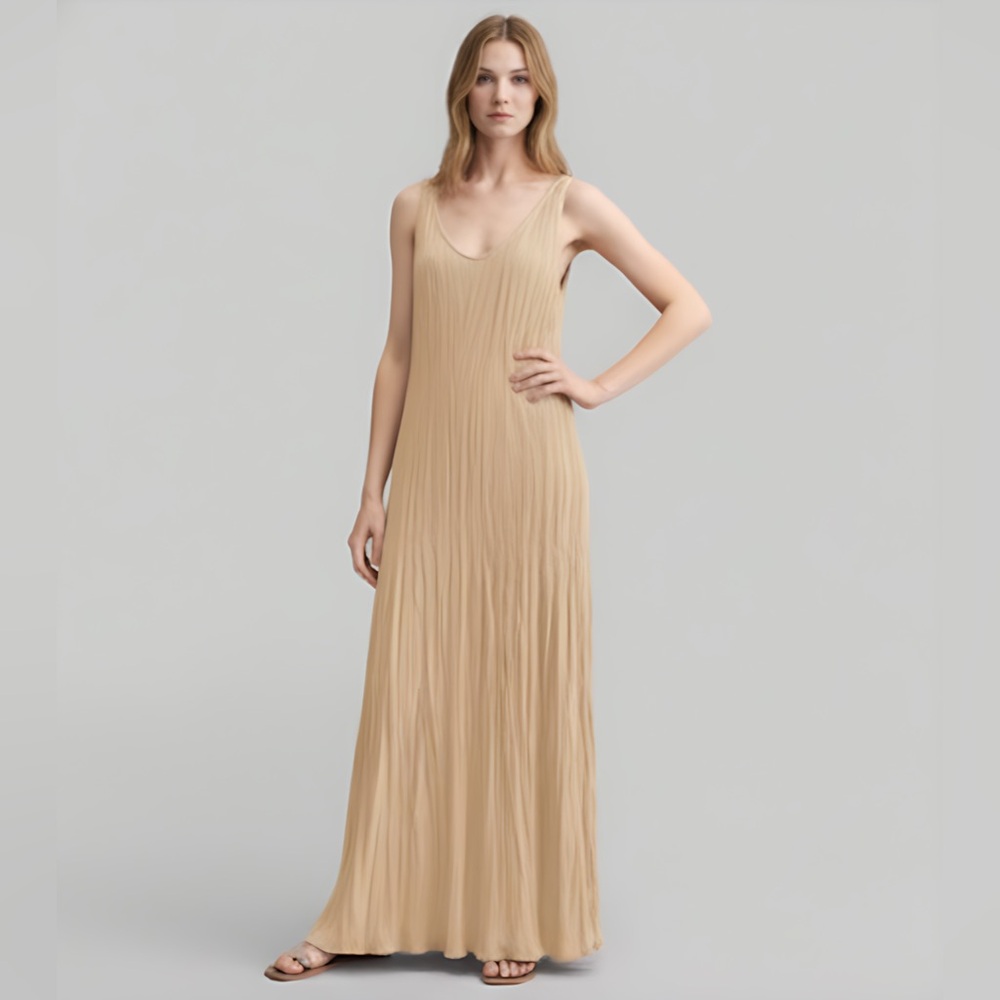 Boho Pleated Scoop Neck Loose Maxi Dress Brown